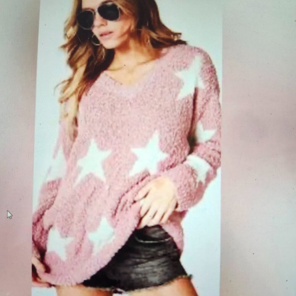 EUC Macaron Big Star Furry Sweater Tunic Popcorn V-Neck Mauve Pink Relaxed Small